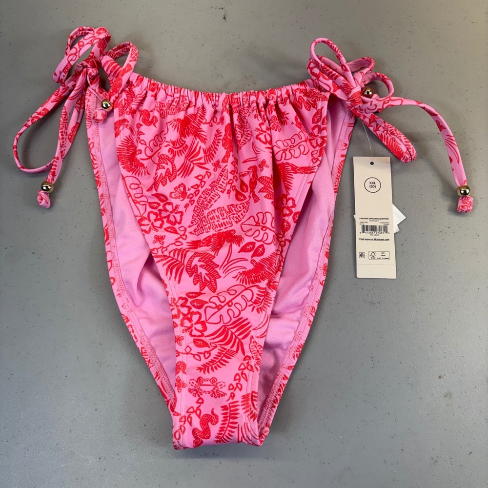 No Boundaries Pink Tropical Toucan Print Side Tie Bikini Bottom XXL 20 NEW